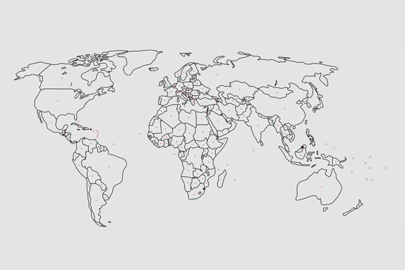 Världskarta med Röda länder där Röda Korset arbetar